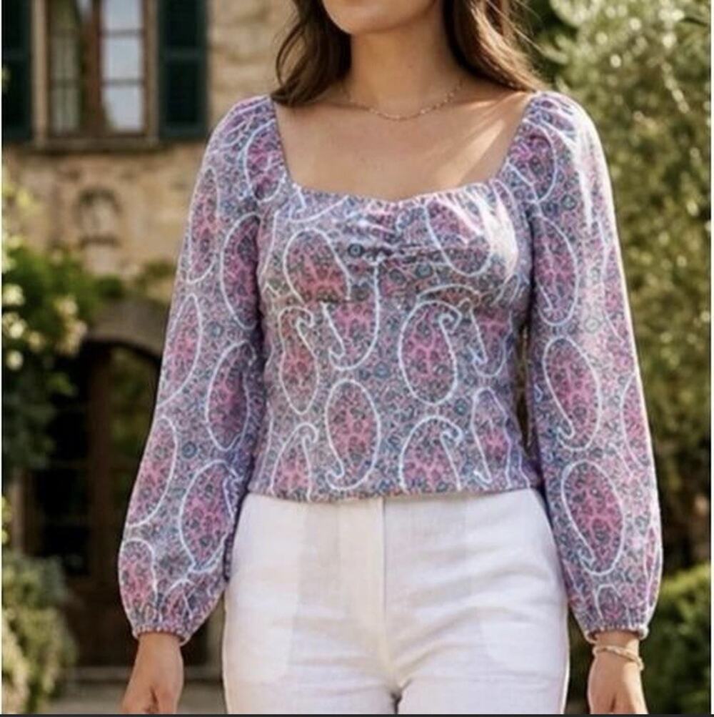 NWT J Crew Women Paisley Glazed Sky Long Sleeve Sweetheart Top Sz 10 Cottagecore